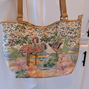 Marlo Vintage Tropical Flamingo Embroidered Beaded Sequin Shoulder Bag